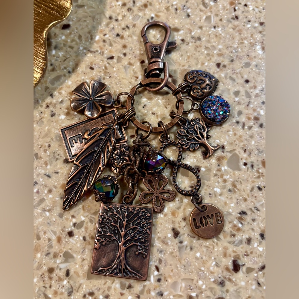 Vintage Bronze Tree Charm Keychain with Love and A little Sparkle